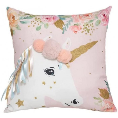 Coussin Licorne Rubans Rose Atmosphera