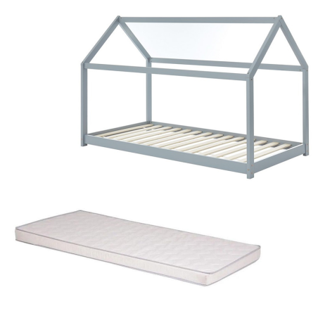 Ensemble Lit Cabane Royaume Des Rêves Gris 90x190 + Matelas Enfant 90x190 cm - Laïba Kids