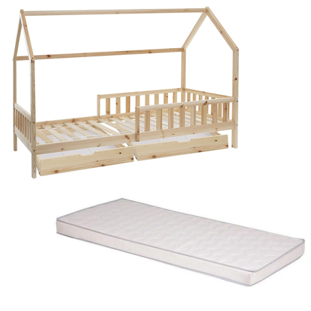 Ensemble Lit cabane avec 2 tiroirs + Matelas enfant 90x190 cm Laïba Kids