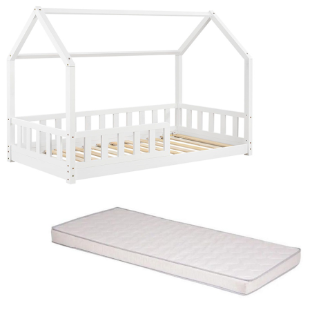 Ensemble Lit Cabane Oasis Blanc 90x190 cm + Matelas Enfant 90x190 Cm Laïba Kids