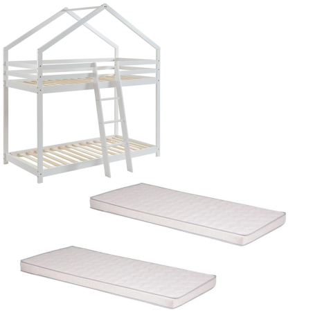 Ensemble Lit Superposé Blanc 90x190 + 2 Matelas enfants 90x190 - Laïba Kids