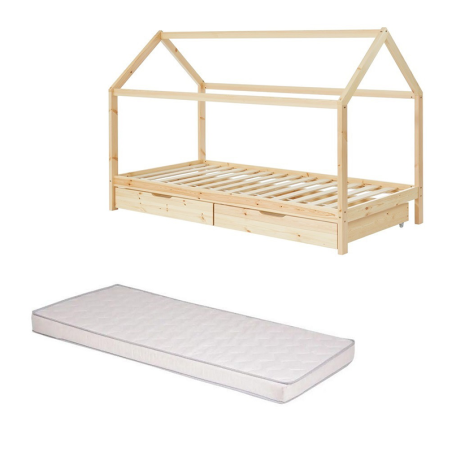 Ensemble Lit Cabane Tiroirs Naturel 90x190 + Matelas enfant 90x190 - Laïba Kids