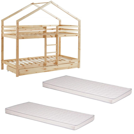 Ensemble Lit superposé Avec tiroir Beige 90x190 + 2 Matelas enfant 90x190 - Laïba Kids