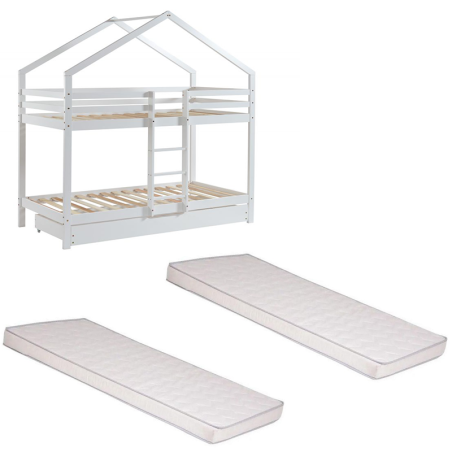 Ensemble Lit Superposé Caravane Blanc 90x190 + 2 Matelas Enfants 90x190 - Laïba Kids