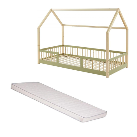 Ensemble Lit Cabane Barrière Vert 90x190 cm + Matelas Enfant 190x90 - Laïba Kids