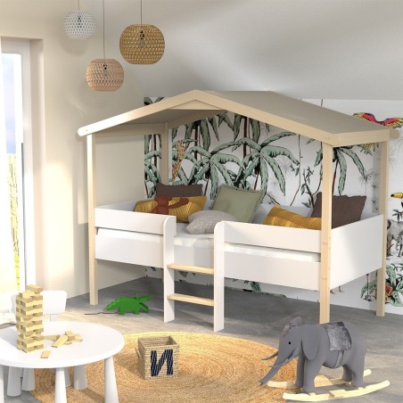 Lit Cabane Enfant Ile Au Trésor 90x190 avec Sommier Naturel et Blanc - Laïba Kids