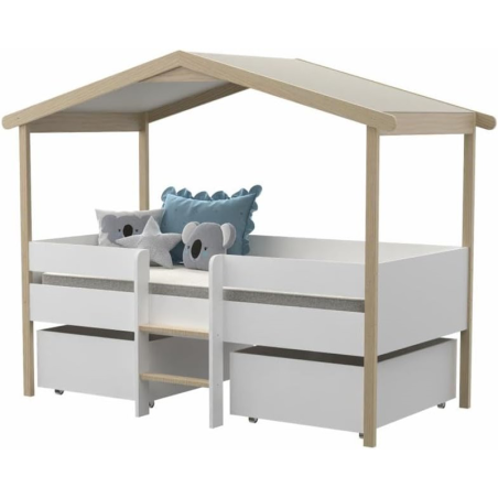 Lit cabane Enfant PILOTI 90x190 sommier + 2 tiroirs Blanc et Naturel - Weber industries