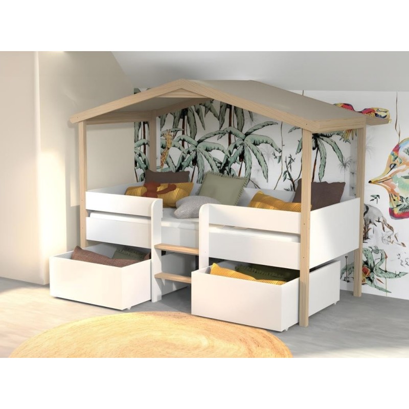 Lit cabane Enfant Jardin Secret 90x190 sommier + 2 tiroirs Blanc et naturel de la marque - Laïba Kids