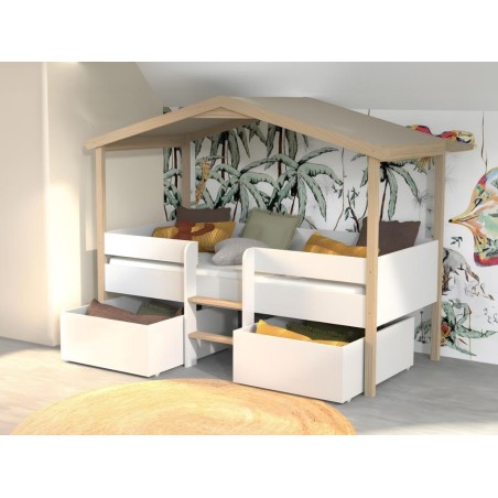 Lit cabane Enfant Jardin Secret 90x190 sommier + 2 tiroirs Blanc et naturel de la marque - Laïba Kids