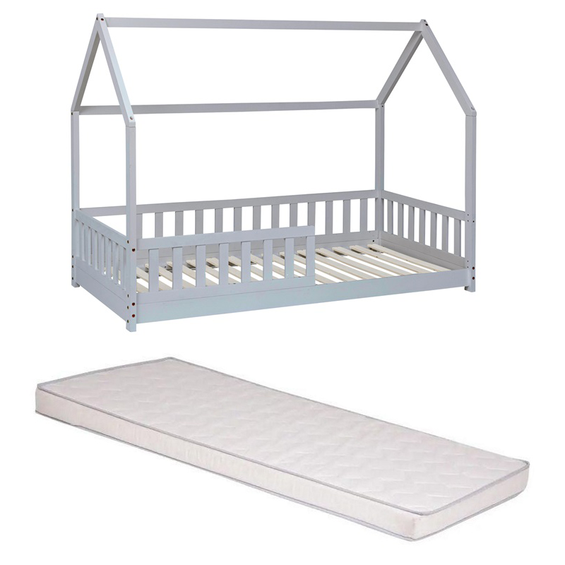 Ensemble Lit Cabane Bosco Gris + Matelas enfant 90x190 Laïba Kids