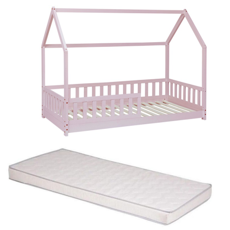 Ensemble Lit Cabane Bosco Rose + Matelas enfant 90x190 Laïba Kids