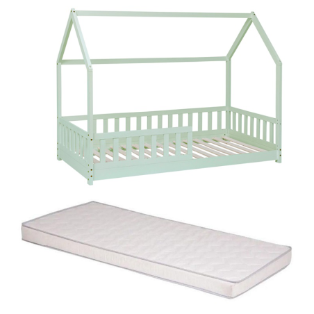 Ensemble Lit cabane Bosco Vert + Matelas enfant 90x190 Laïba Kids