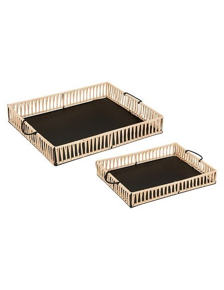 Lot De 2 Plateaux Cosy Métal Et Rotin Noir Atmosphera