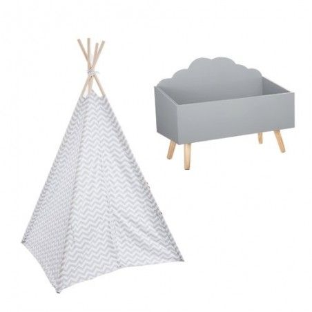 Tipi Enfant Gris + Coffre À Jouets Nuage Gris